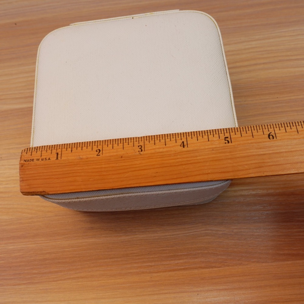 Travel Jewelry Case S White Vanity Mirror Box Organizer Faux Saffiano Leather - Picture 2 of 11